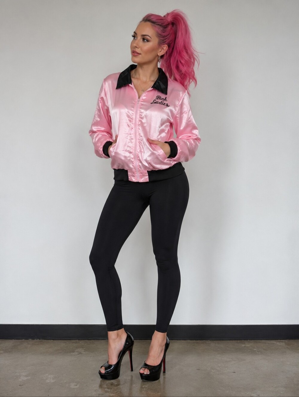 Pink Ladies Zipper Satin Bomber Jacket with Black Trim Grease